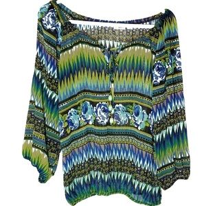 Cato Sheer Drawstring Neckline Elastic Waist Top M